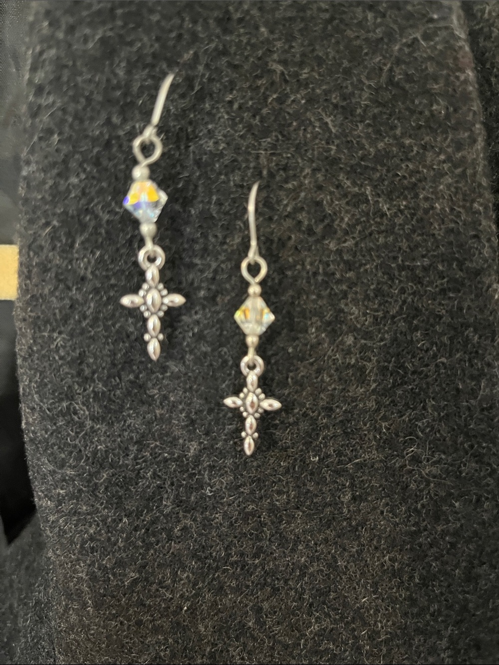Sterling Silver Cross Drop Earrings with Iridescent Crystal Accent